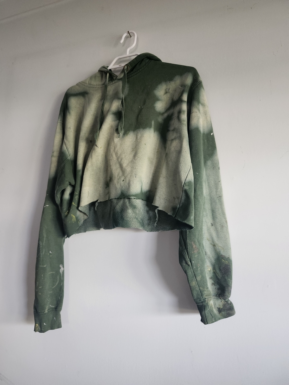 Hand Dyed Super Distressed Green Cropped Hoodie Women's | Tie Dye Paint Splatter